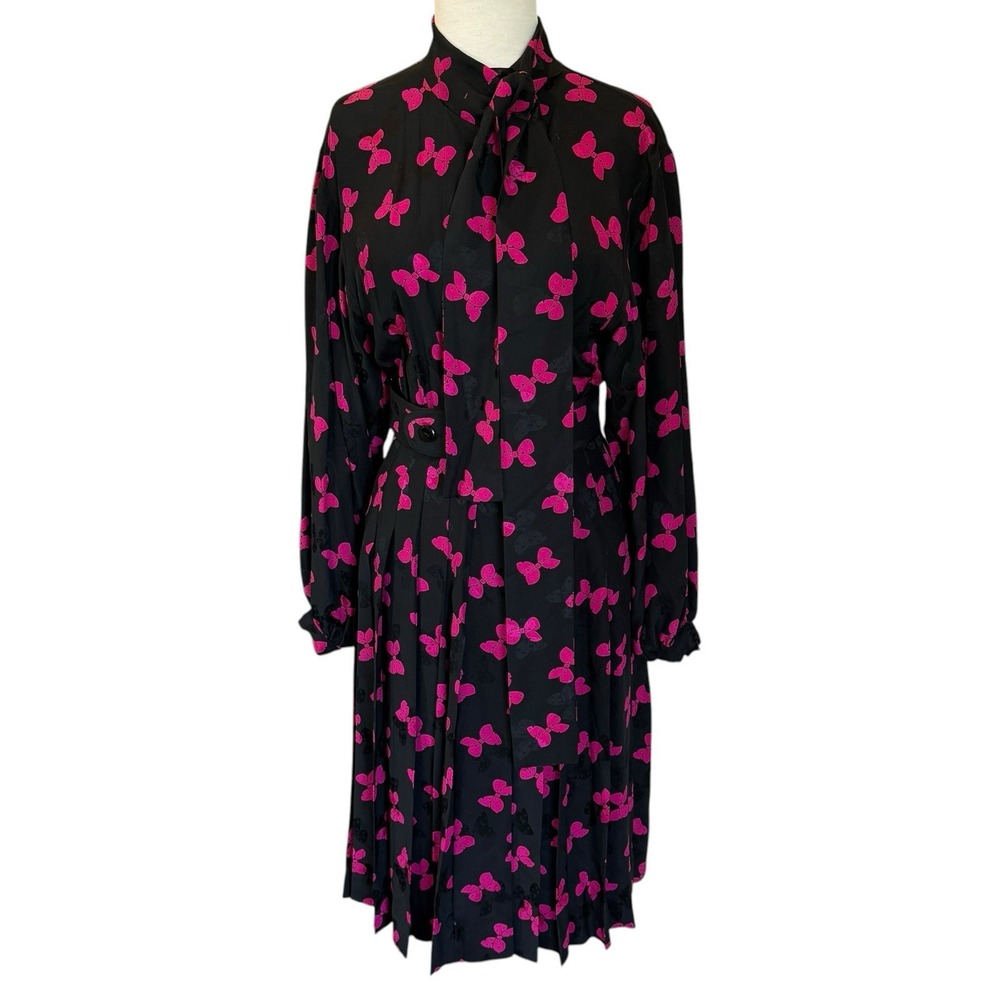 Albert Nipon Vintage Union Made Black Pink Bow 100% Silk Pleated Dress Size 2